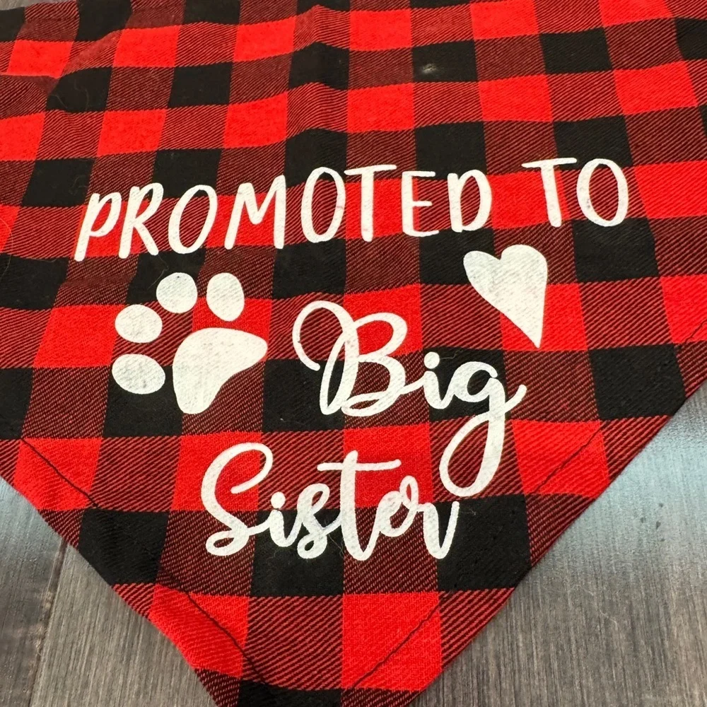 NWOT Red and Black Plaid Promoted to Big Sister Pet Dog Bandana Medium/Large Dog
